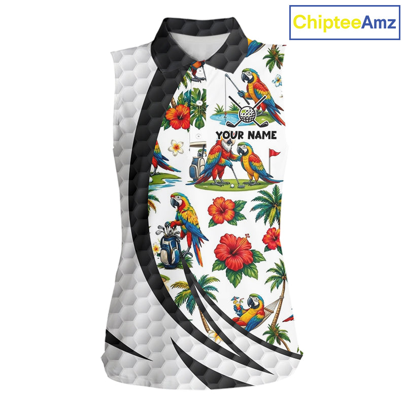 Tropical White And Black Golf Ball Sleeveless Polo Golf Shirts For Women Custom Parrot Golf Attire NYN3175