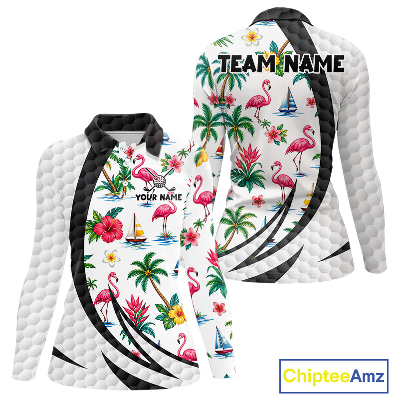 Tropical White And Black Golf Ball Polo Golf Shirts For Women Custom Flamingo Golf Team Attire NYN3176