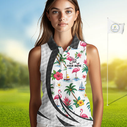Tropical White And Black Golf Ball Sleeveless Polo Golf Shirts For Women Custom Flamingo Golf Attire NYN3176