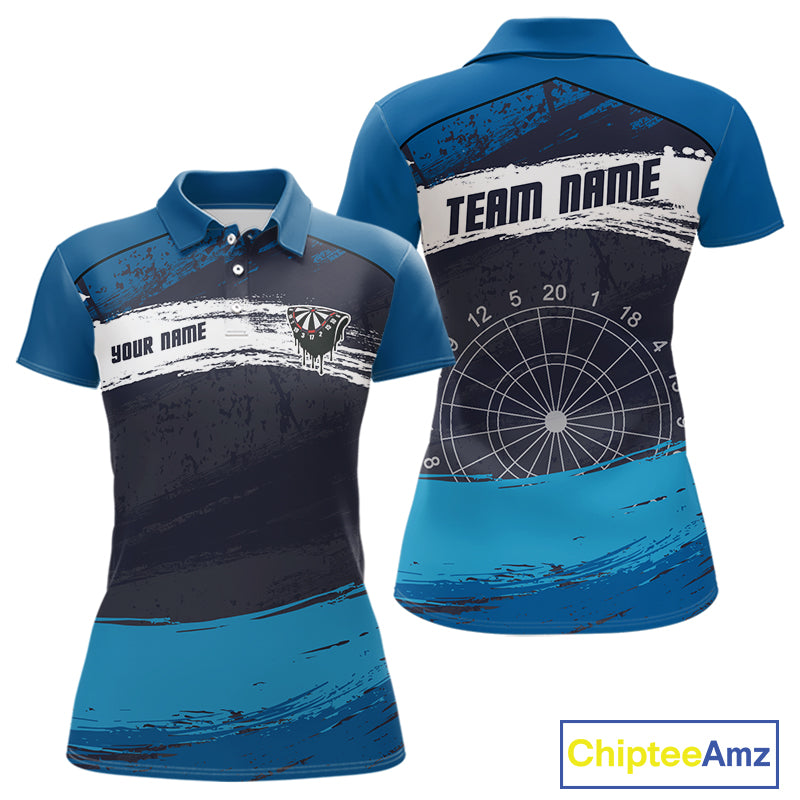 Blue Modern Grunge Dartboard Women's Darts Shirt - Custom Name For Dart Players NYN0414