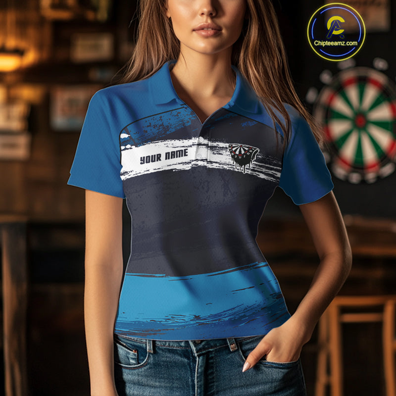 Blue Modern Grunge Dartboard Women's Darts Shirt - Custom Name For Dart Players NYN0414
