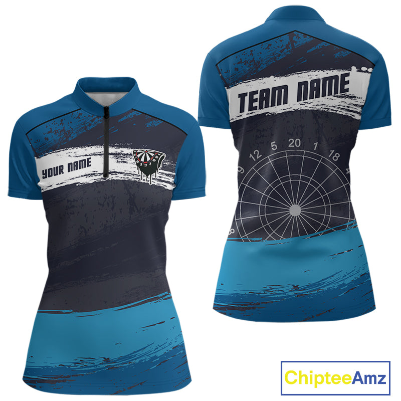 Blue Modern Grunge Dartboard Women's Darts Shirt - Custom Name For Dart Players NYN0414