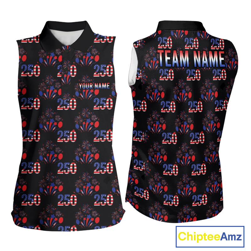 USA 250th anniversary womens golf sleeveless polo shirt patriotic black golf top