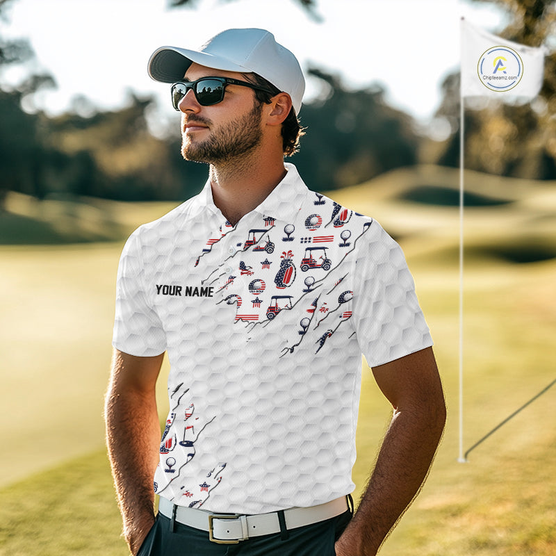 USA Anniversary Mens Golf Polo Shirt Custom White Golf Ball Pattern Patriotic Golf Tops NYN3392