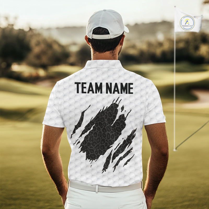 Black Leopard Pattern Mens Golf Polo Shirt Custom White Golf Ball Pattern Golf Team Outfits NYN3393