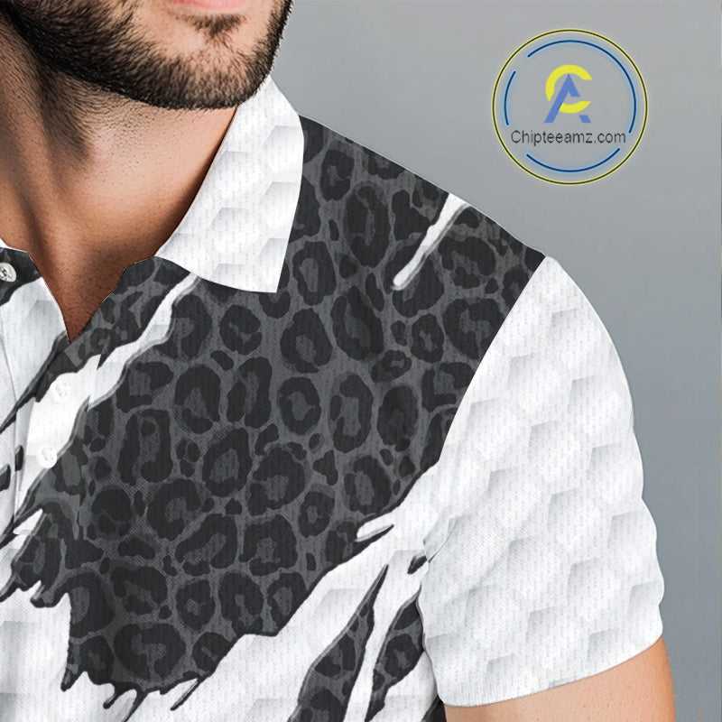 Black Leopard Pattern Mens Golf Polo Shirt Custom White Golf Ball Pattern Golf Team Outfits NYN3393