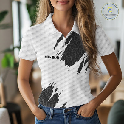 Black Leopard Pattern Womens Golf Polo Shirt Custom White Golf Ball Pattern Golf Team Outfits NYN3393