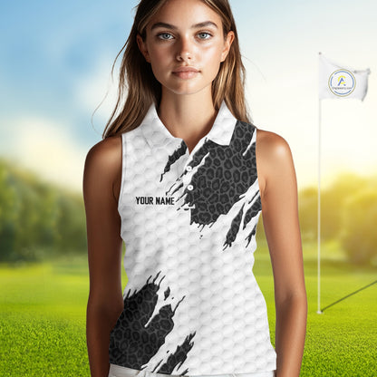 Black Leopard Pattern Womens Golf Sleeveless Polo Shirt Custom White Golf Ball Golf Team Outfits NYN3393