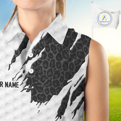 Black Leopard Pattern Womens Golf Sleeveless Polo Shirt Custom White Golf Ball Golf Team Outfits NYN3393