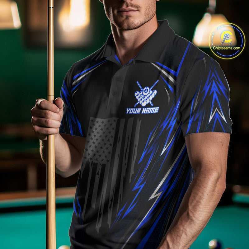 Male billiard player wearing patriotic American flag billiard jersey during league competition, premium sports apparel for veterans, Father's Day gifts and tournament champions, representing leadership, strength and national pride.