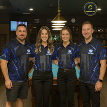 Load image into Gallery viewer, Men women billiard team wearing matching American flag jerseys during league competition, representing teamwork, patriotism, unity and championship ambition.