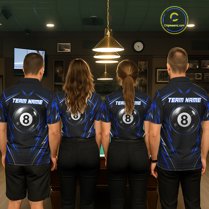 Men women billiard team wearing matching American flag jerseys during league competition, representing teamwork, patriotism, unity and championship ambition.