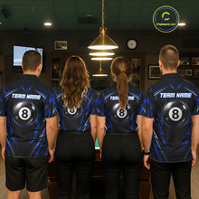 Load image into Gallery viewer, Men women billiard team wearing matching American flag jerseys during league competition, representing teamwork, patriotism, unity and championship ambition.