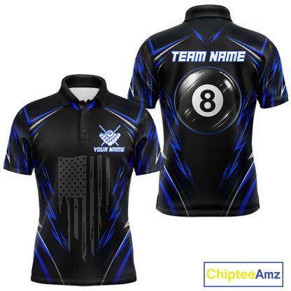Men's patriotic billiard polo featuring black and blue American flag with glowing 8 ball graphics, personalized performance apparel for veterans, law enforcement supporters, APA leagues and patriotic pool players, representing freedom and honor.