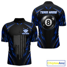 Load image into Gallery viewer, Men's quarter-zip billiard jersey featuring black blue US flag and illuminated 8 ball artwork, custom tournament apparel for patriotic teams, Memorial Day events and Independence Day competitions, symbolizing unity, courage and American pride.