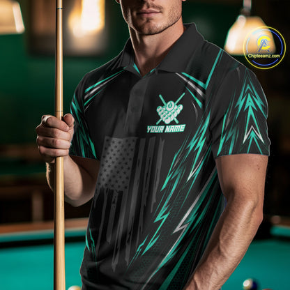 Male billiard player wearing black green patriotic pool jersey during championship event, premium sportswear for league players and outdoor lifestyle enthusiasts, symbolizing resilience, confidence and competitive success.