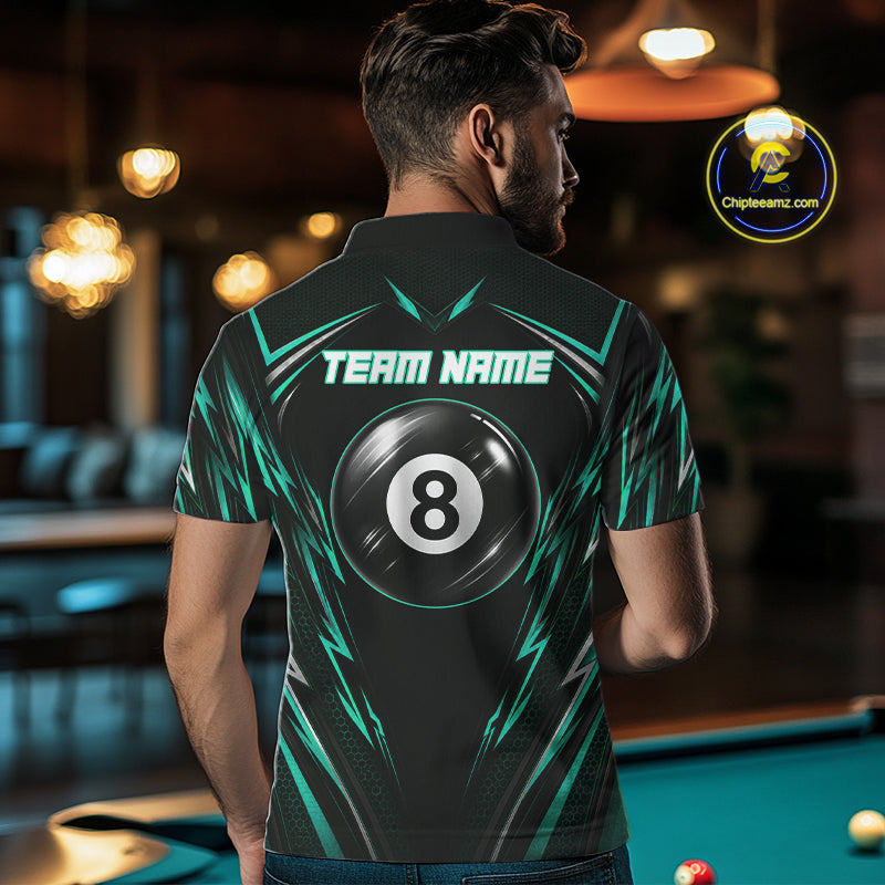 Male billiard player wearing black green patriotic pool jersey during championship event, premium sportswear for league players and outdoor lifestyle enthusiasts, symbolizing resilience, confidence and competitive success.