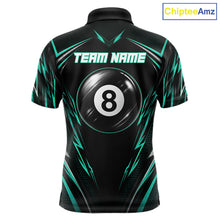 Load image into Gallery viewer, Men's billiard polo featuring black green American flag and glowing 8 ball graphics, custom performance apparel for military supporters, outdoor enthusiasts, APA leagues and patriotic pool teams, symbolizing growth, resilience and unity.