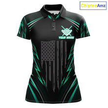 Load image into Gallery viewer, Women's billiard polo with black green patriotic flag and 8 ball artwork, personalized league jersey for APA tournaments, billiard clubs and competitive sports teams.