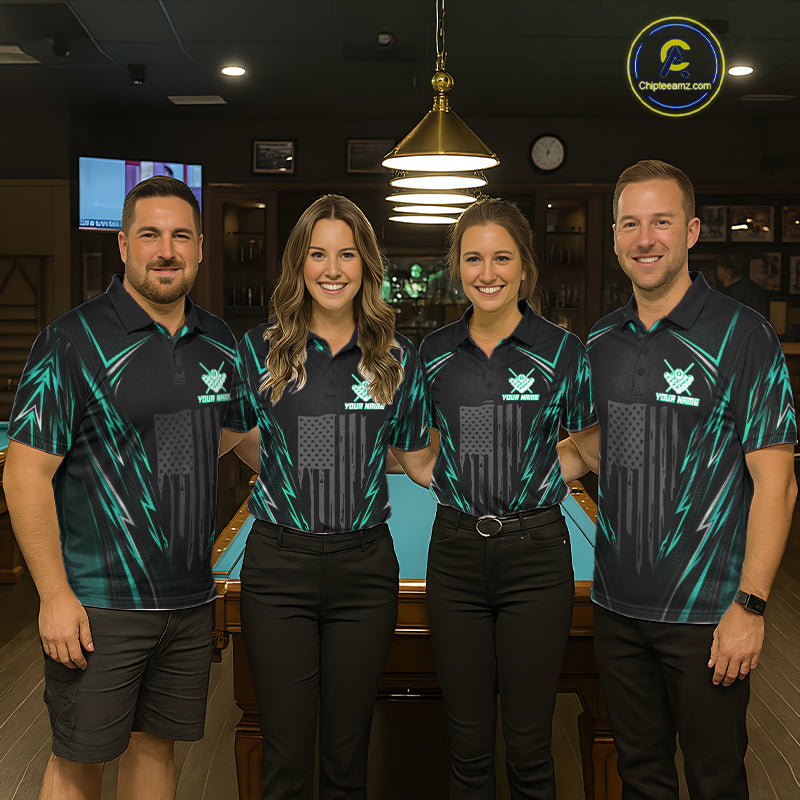 Men women pool team wearing matching black green patriotic billiard jerseys for league championships, representing unity, growth, determination and sportsmanship.