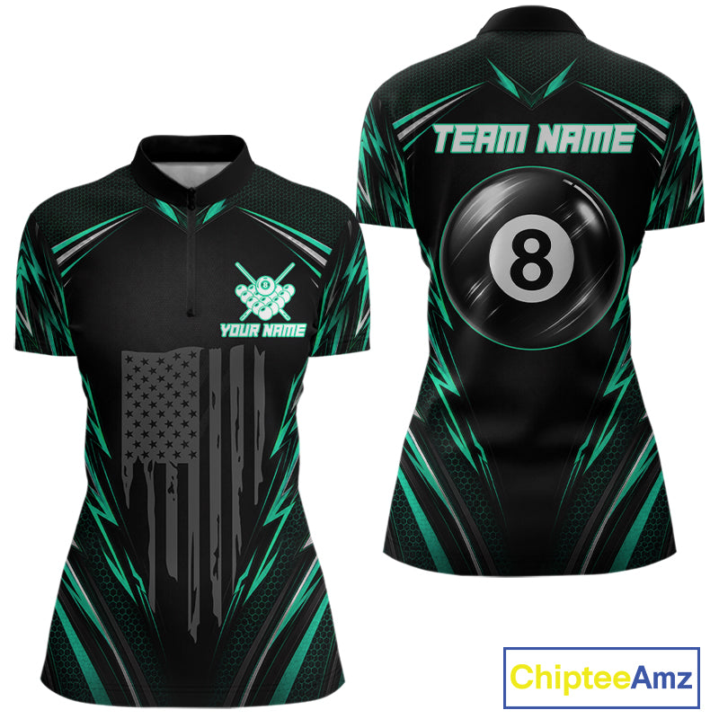 Women's quarter-zip billiard jersey featuring black green American flag with realistic 8 ball graphics, performance apparel for tournament players and patriotic pool teams.