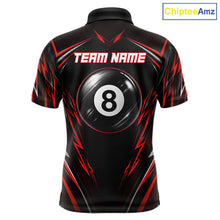 Load image into Gallery viewer, Men's billiard polo featuring black red American flag with glowing 8 ball artwork, personalized performance apparel for APA tournaments, motorcycle lifestyle enthusiasts, veterans and patriotic athletes, representing courage and victory.
