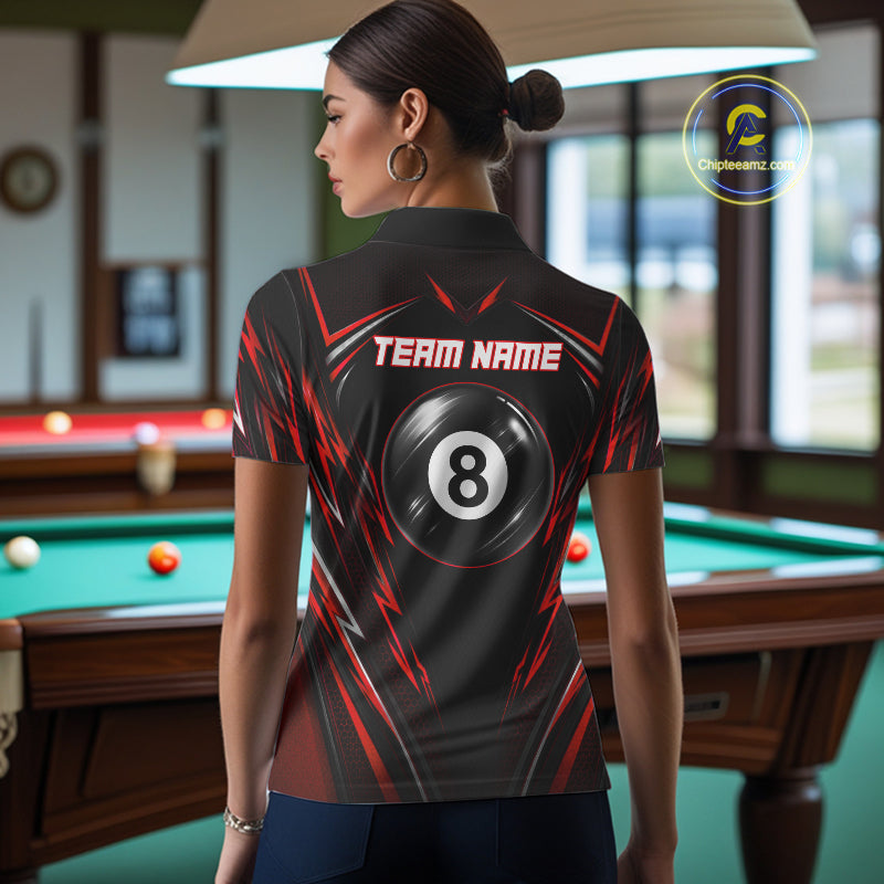 Female billiard player wearing black red patriotic jersey during championship match, representing determination, confidence and fearless competition.