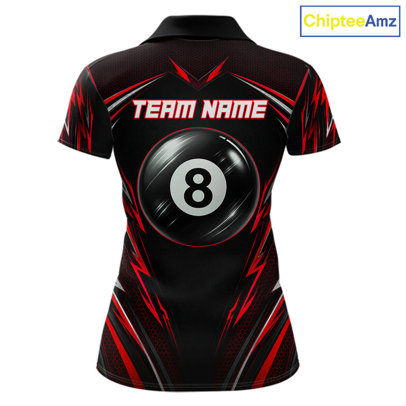 Women's billiard polo with black red American flag and realistic 8 ball artwork, premium performance shirt for APA leagues, billiard tournaments and patriotic events.