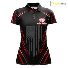 Load image into Gallery viewer, Women's billiard polo with black red American flag and realistic 8 ball artwork, premium performance shirt for APA leagues, billiard tournaments and patriotic events.