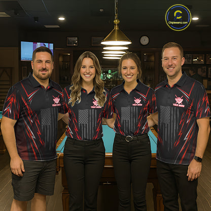 Men women billiard team wearing matching black red American flag jerseys for league tournaments, representing unity, passion, strength and championship performance.