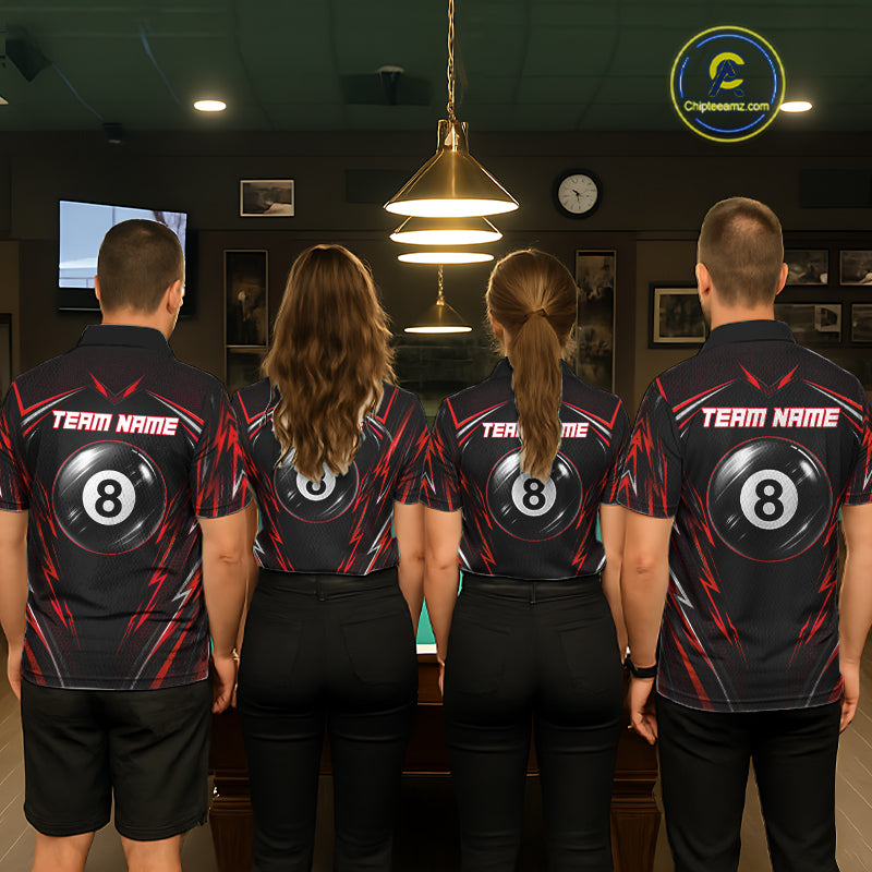 Men women billiard team wearing matching black red American flag jerseys for league tournaments, representing unity, passion, strength and championship performance.