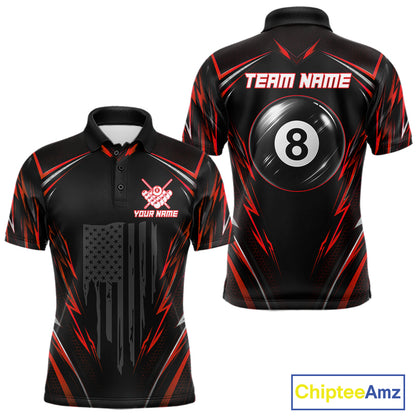 Men's billiard polo featuring black red American flag with glowing 8 ball artwork, personalized performance apparel for APA tournaments, motorcycle lifestyle enthusiasts, veterans and patriotic athletes, representing courage and victory.