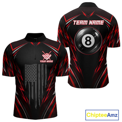 Men's quarter-zip billiard jersey featuring black red patriotic flag and realistic 8 ball graphics, custom competition apparel for league championships and pool team uniforms, symbolizing passion, power and determination.