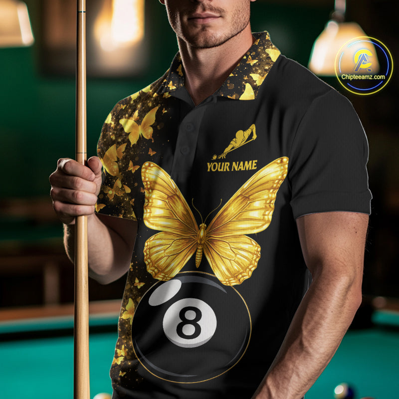 Male billiard player wearing black gold butterfly billiard jersey during elite competition, premium sports apparel symbolizing confidence, elegance, success and competitive excellence.