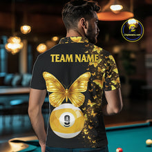 Load image into Gallery viewer, Male billiard player wearing black gold butterfly billiard jersey during elite competition, premium sports apparel symbolizing confidence, elegance, success and competitive excellence.