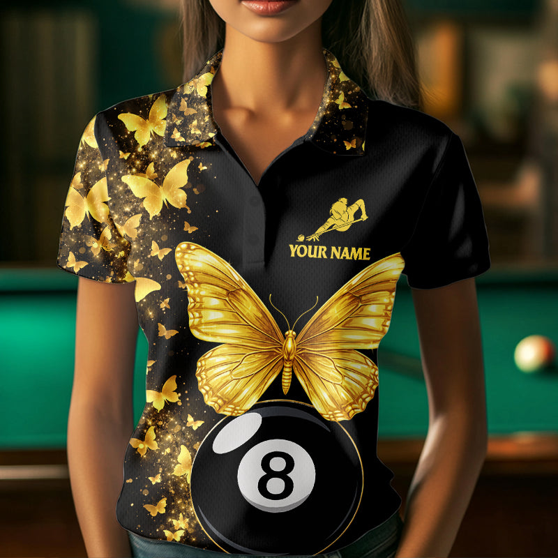 Female billiard player wearing luxurious butterfly billiard jersey, representing elegance, confidence, transformation and competitive excellence.