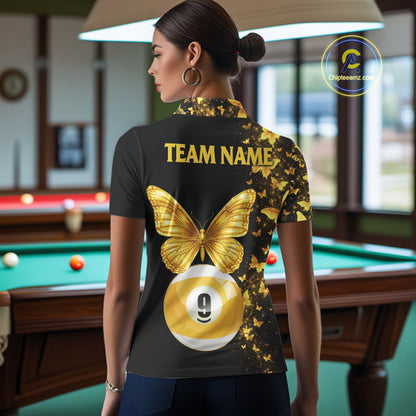 Female billiard player wearing luxurious butterfly billiard jersey, representing elegance, confidence, transformation and competitive excellence.
