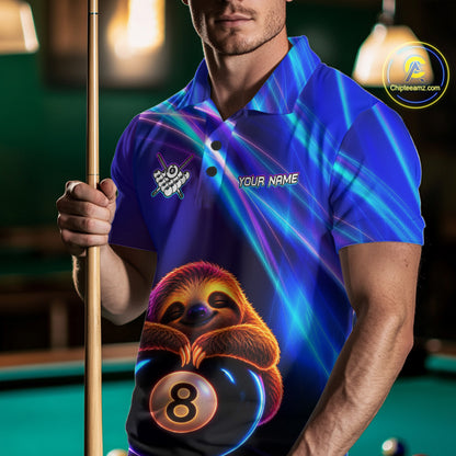 Male billiard player wearing funny sloth pool jersey during league play, premium performance apparel for relaxed competitors, animal lovers and casual tournament players, symbolizing positivity, balance and enjoyment.