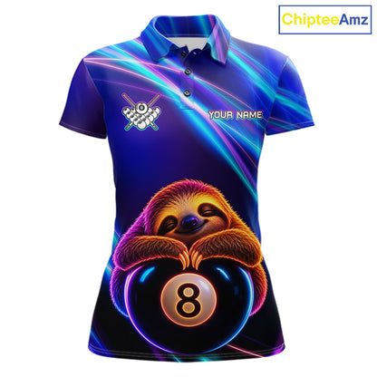 Women's funny billiard polo featuring blue neon sloth and realistic 8 ball artwork, custom pool shirt for league play, billiard gifts and relaxed sports lifestyle.