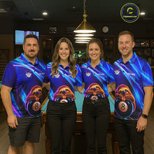 Load image into Gallery viewer, Men women billiard team wearing matching blue neon sloth jerseys for league events, symbolizing teamwork, fun, positive energy and sportsmanship.