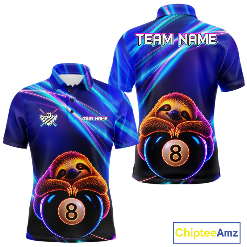 Men's funny billiard polo featuring blue neon sloth with glowing 8 ball graphics, personalized performance apparel for APA leagues, casual pool players, animal lovers and Father's Day gifts, symbolizing relaxation and positive energy.