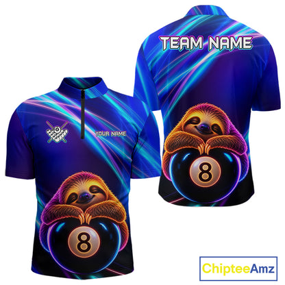 Men's quarter-zip billiard jersey featuring funny blue neon sloth and illuminated 8 ball artwork, custom tournament apparel for pool clubs, league teams and billiard enthusiasts, representing friendship, humor and sportsmanship.