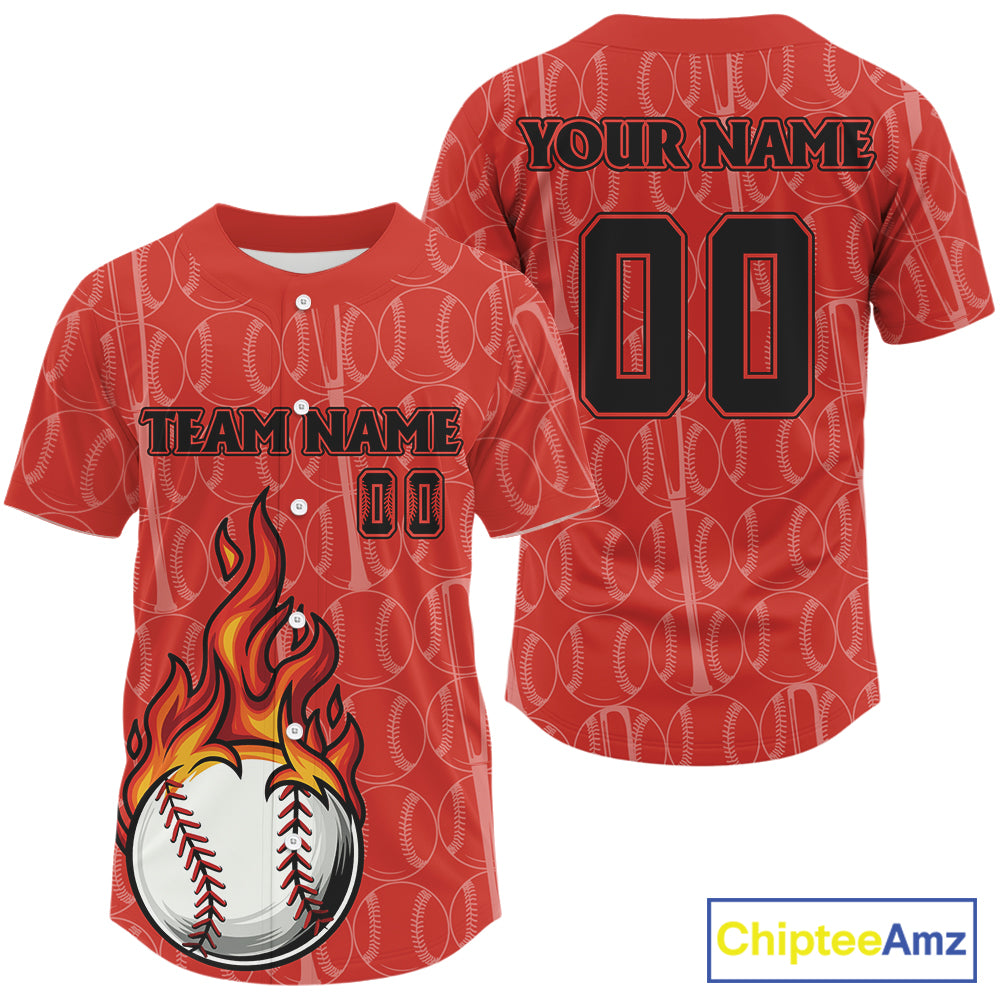 Custom Red Flames Baseball Ball Jersey For Men Personalized Youth Baseball Shirt NYN0899