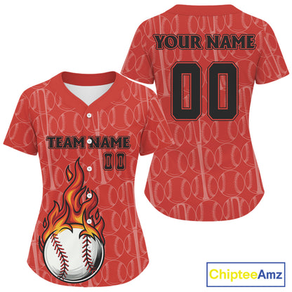 Custom Red Flames Baseball Ball Jersey For Women Personalized Youth Baseball Shirt NYN0899
