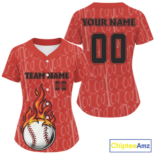 Custom Red Flames Baseball Ball Jersey For Women Personalized Youth Baseball Shirt NYN0899