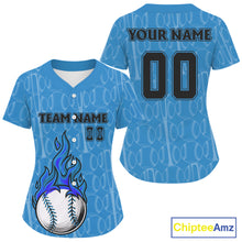 Load image into Gallery viewer, Custom Blue Flames Baseball Ball Jersey For Women Personalized Youth Baseball Shirt NYN0900