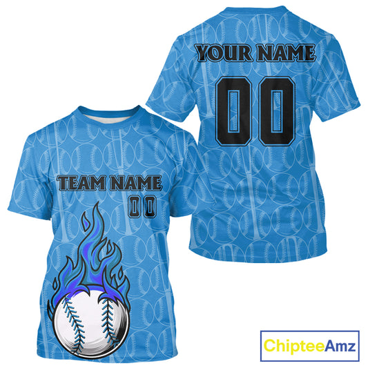 Custom Blue Flames Baseball Ball T-Shirt For Men Personalized Youth Baseball Shirt NYN0900