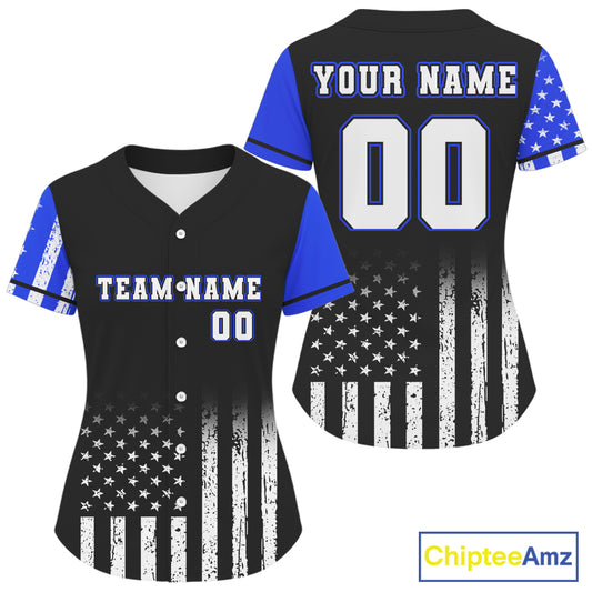 Custom Black And Blue US Flag Patriotic Baseball Shirt For Women Youth Baseball Jerseys NYN0903
