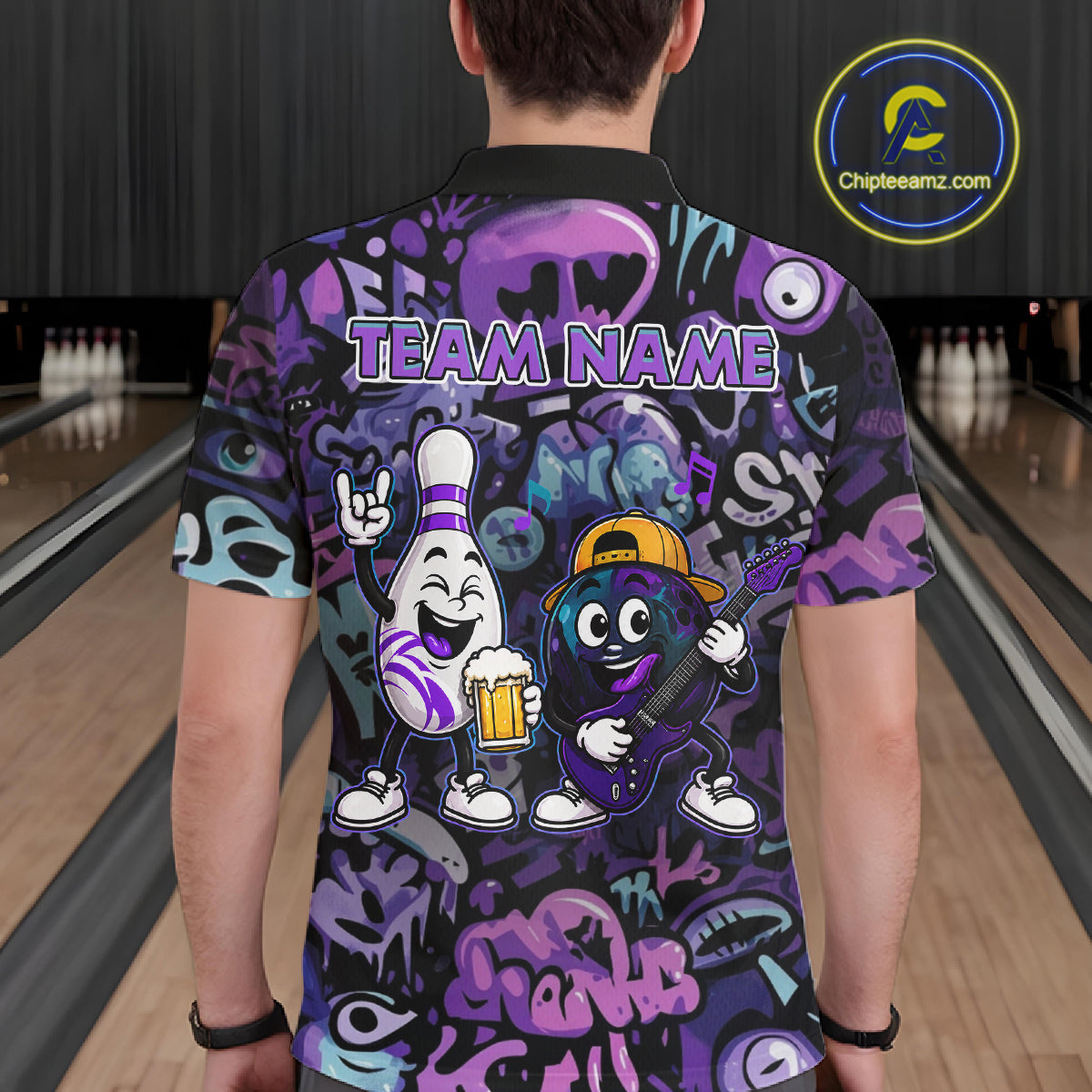 Custom Purple Graffiti Funny Bowling Polo Quarter Zip Shirts For Men Team Drunk Beer Bowling Jersey NYN4355