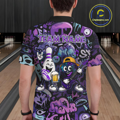 Custom Purple Graffiti Funny Bowling Polo Quarter Zip Shirts For Men Team Drunk Beer Bowling Jersey NYN4355